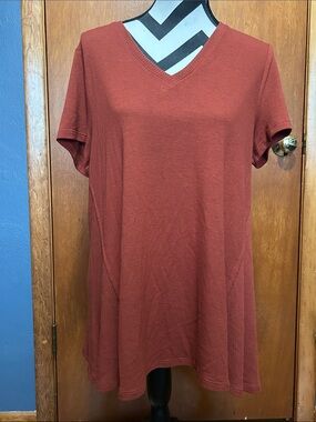 Chelsea & Theodore V-Neck Short Sleeve Tunic in Rust